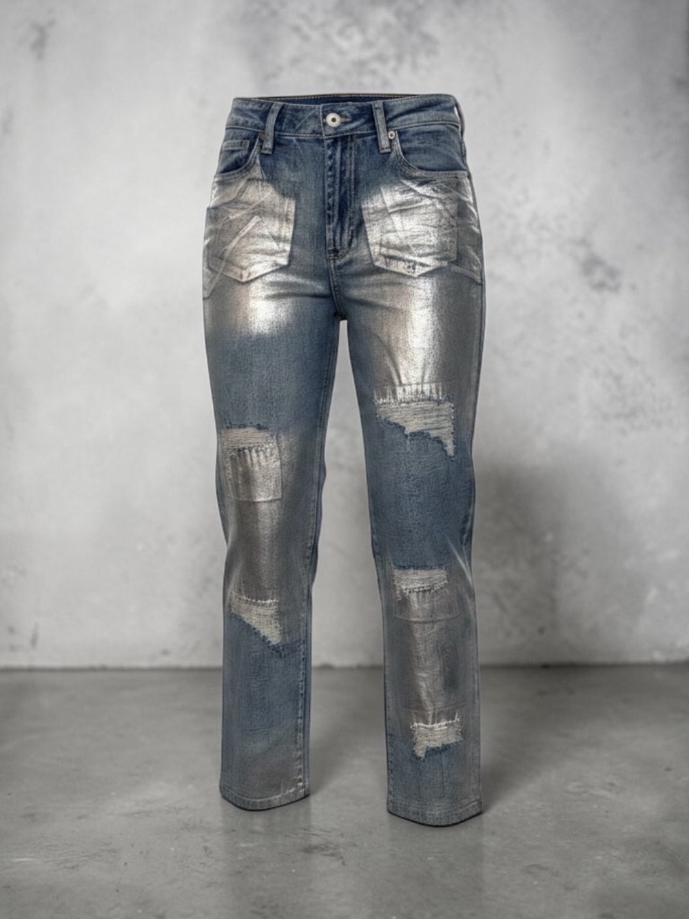 Women's Metallic Distressed Ankle Jeans - Silver Blue